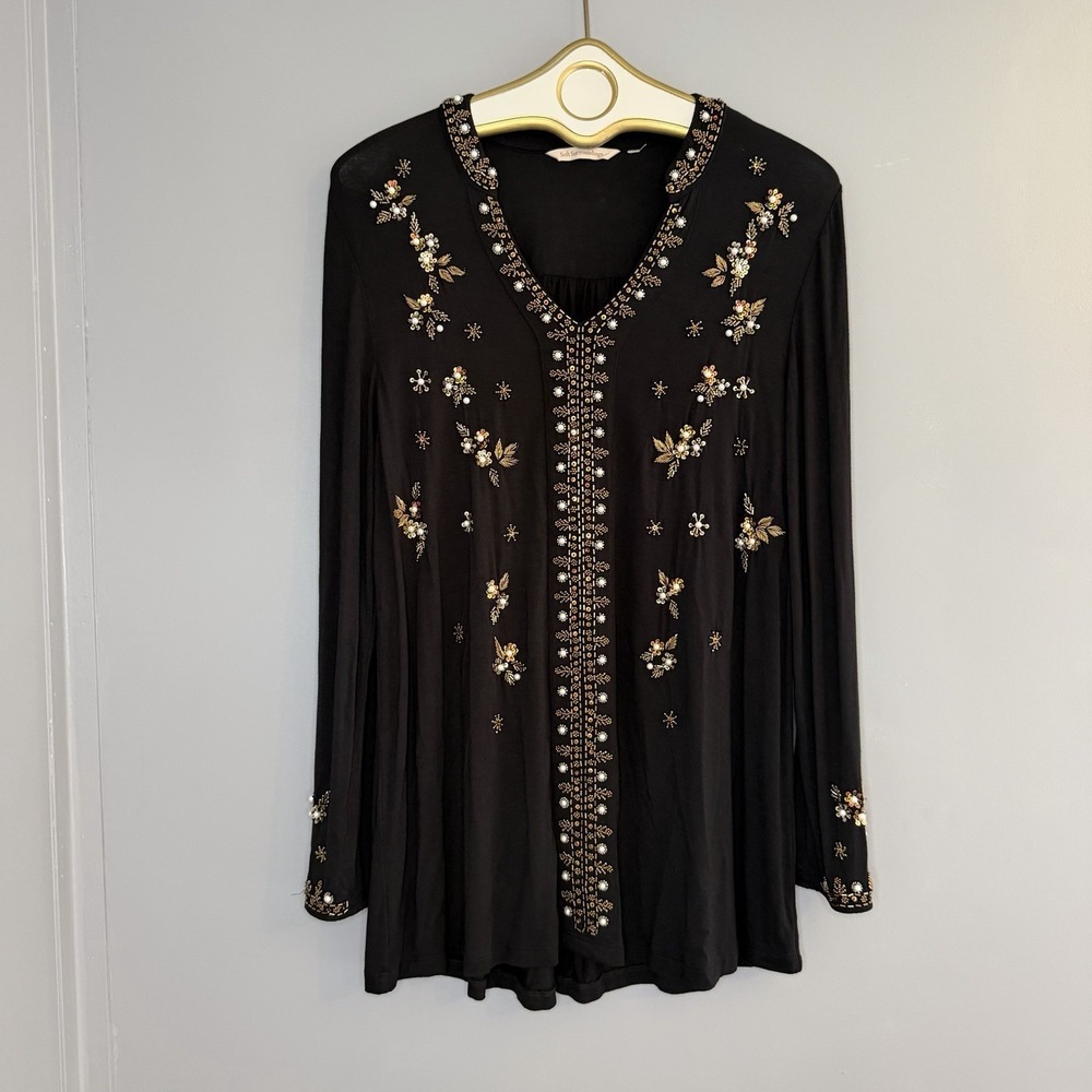 Soft Surroundings Womens Top L XL Black Beaded Long Sleeve Tunic Shirt Boho READ